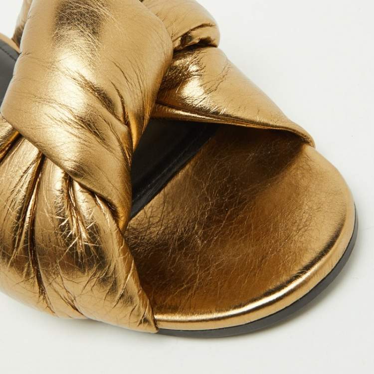 Pre Owned Balenciaga Gold Leather Drappy Flat Slides Size 37