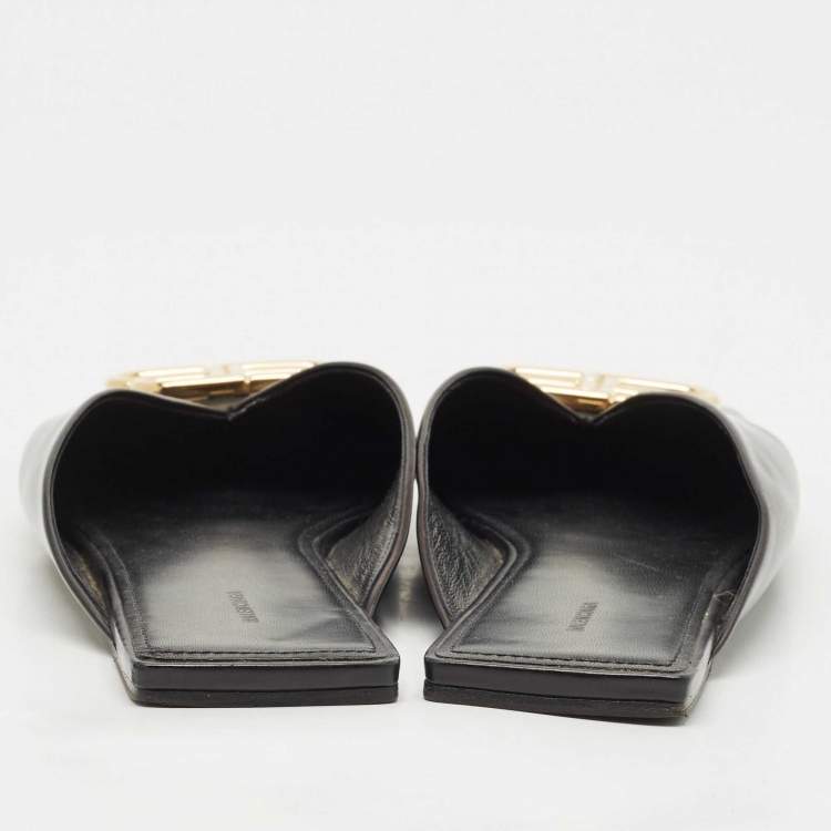 Pre Owned Balenciaga Black Leather Double Square BB Flat Mules Size 41
