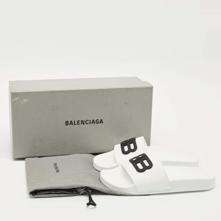 Pre Owned Balenciaga White Rubber BB Pool Slide Sandals Size 37