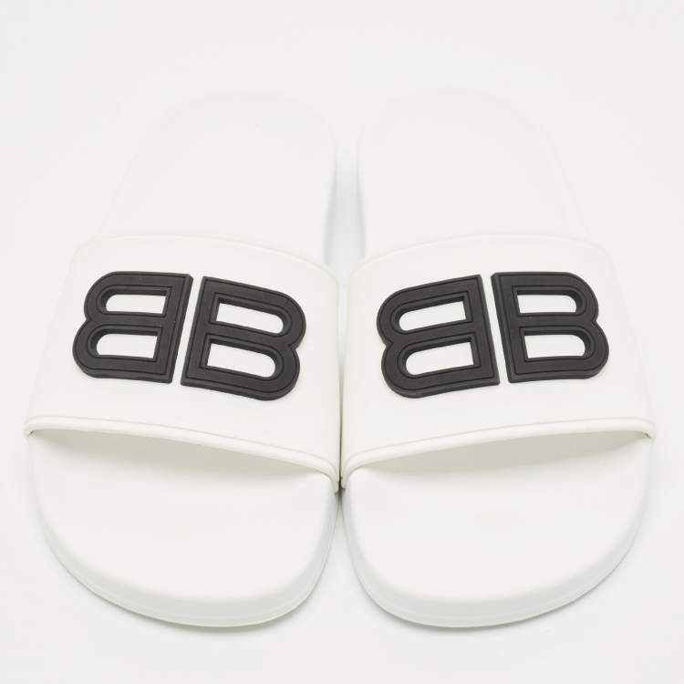 Pre Owned Balenciaga White Rubber BB Pool Slide Sandals Size 37