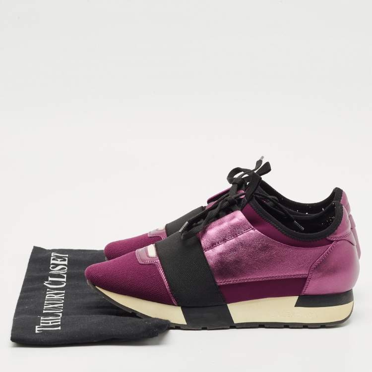 Pre Owned Balenciaga Purple/Black Leather and Fabric Race Runner Low Top Sneakers Size 36