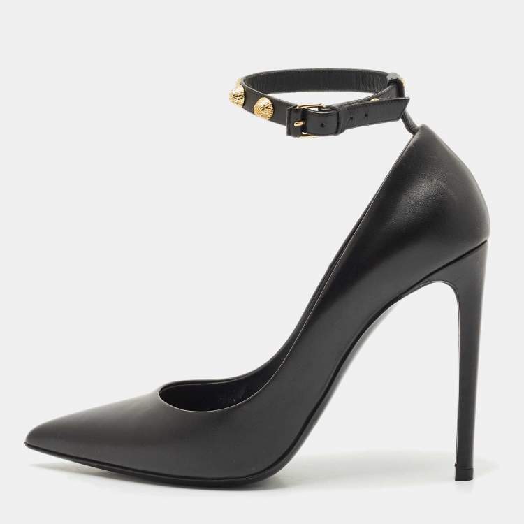 Pre Owned Balenciaga Black Leather Studded Ankle Strap Pumps Size 38.5