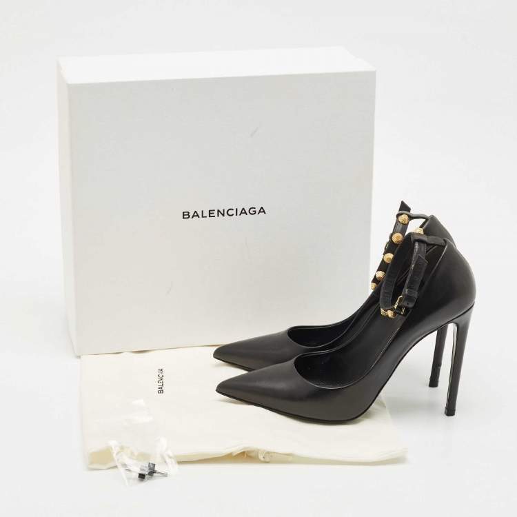 Pre Owned Balenciaga Black Leather Studded Ankle Strap Pumps Size 38.5