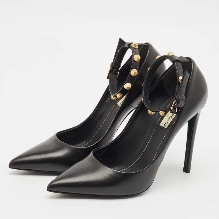 Pre Owned Balenciaga Black Leather Studded Ankle Strap Pumps Size 38.5