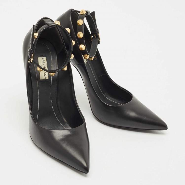 Pre Owned Balenciaga Black Leather Studded Ankle Strap Pumps Size 38.5
