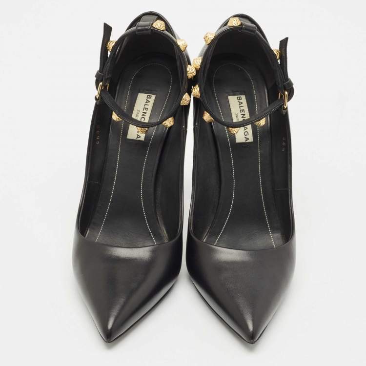 Pre Owned Balenciaga Black Leather Studded Ankle Strap Pumps Size 38.5