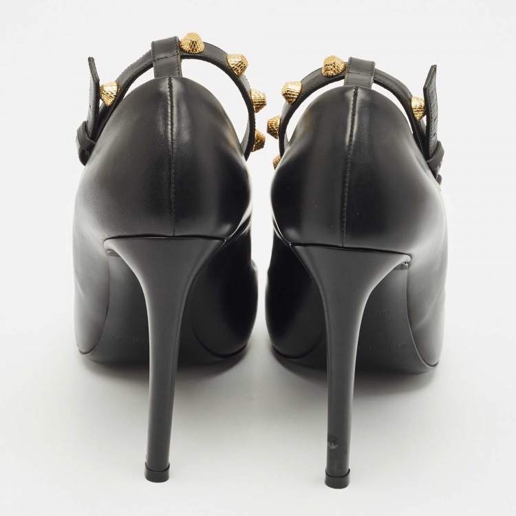 Pre Owned Balenciaga Black Leather Studded Ankle Strap Pumps Size 38.5