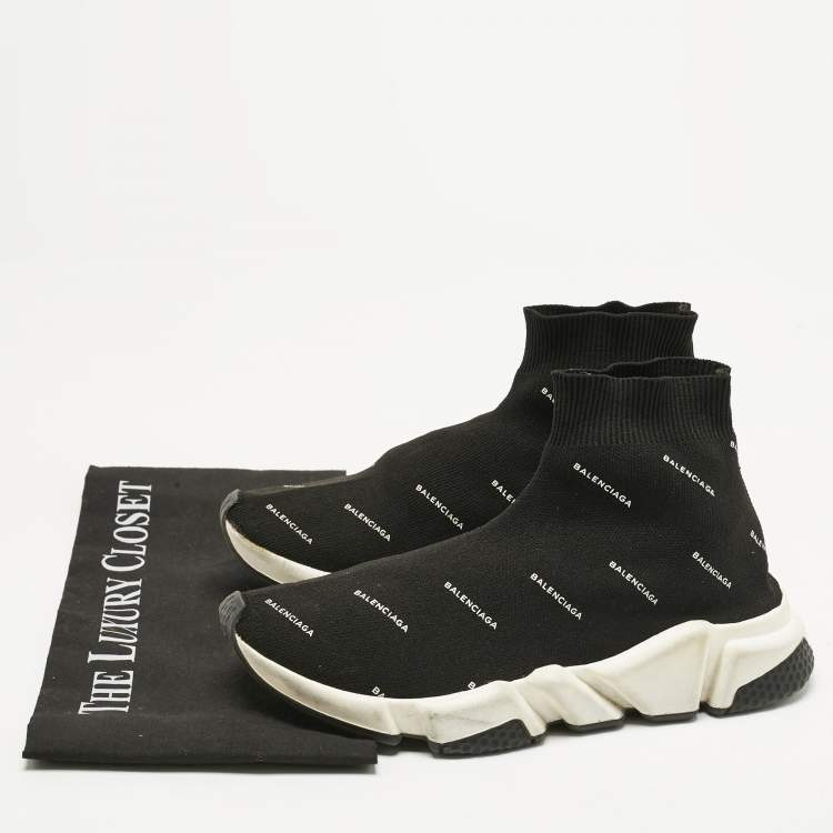 Pre Owned Balenciaga Black/White Knit Fabric Allover Logo Speed Trainer Sneakers Size 39