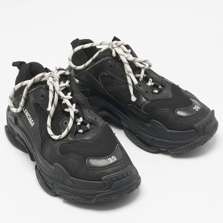 Pre Owned Balenciaga Black Leather and Mesh Triple S Sneakers Size 39