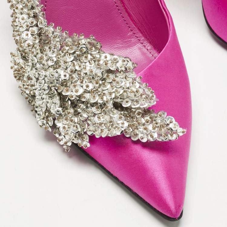 Pre Owned Balenciaga Pink Satin Sequins Embellished Slash Pumps Size 39