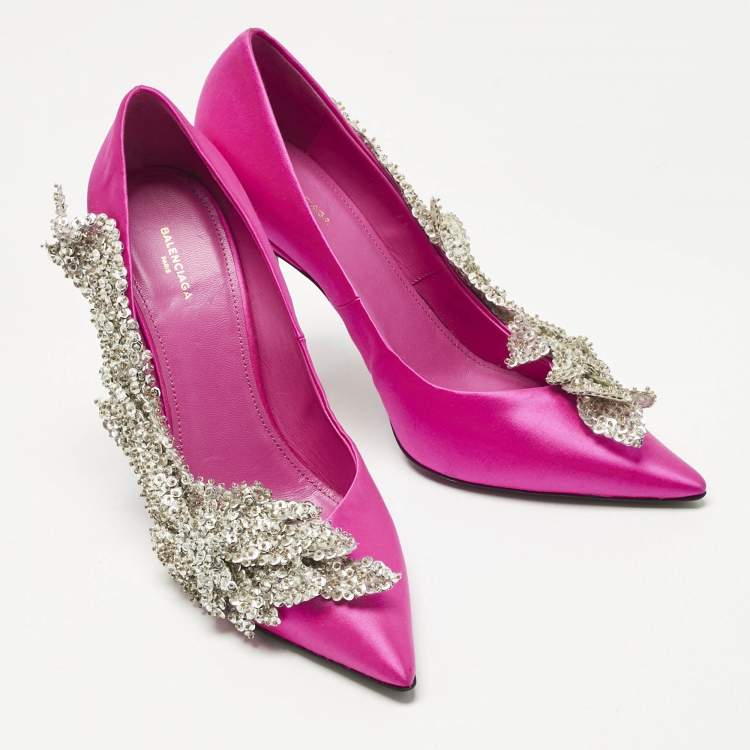 Pre Owned Balenciaga Pink Satin Sequins Embellished Slash Pumps Size 39