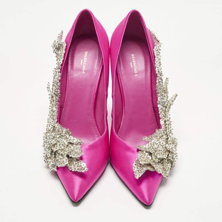 Pre Owned Balenciaga Pink Satin Sequins Embellished Slash Pumps Size 39