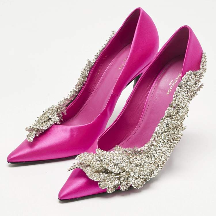 Pre Owned Balenciaga Pink Satin Sequins Embellished Slash Pumps Size 39