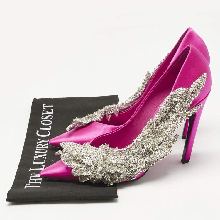 Pre Owned Balenciaga Pink Satin Sequins Embellished Slash Pumps Size 39