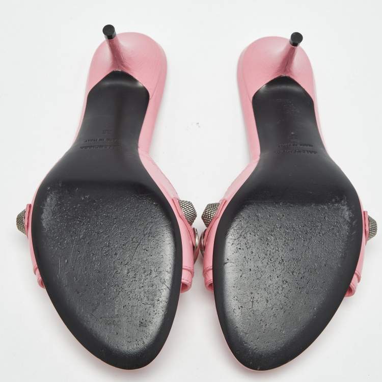 Pre Owned Balenciaga Pink Leather Le Cagole Studded Slide Sandals Size 38