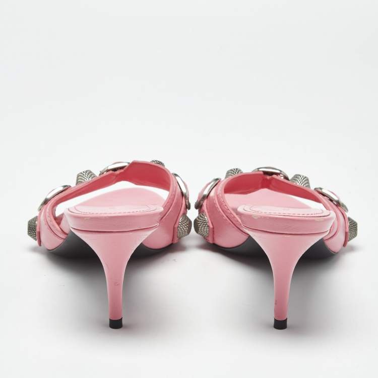 Pre Owned Balenciaga Pink Leather Le Cagole Studded Slide Sandals Size 38