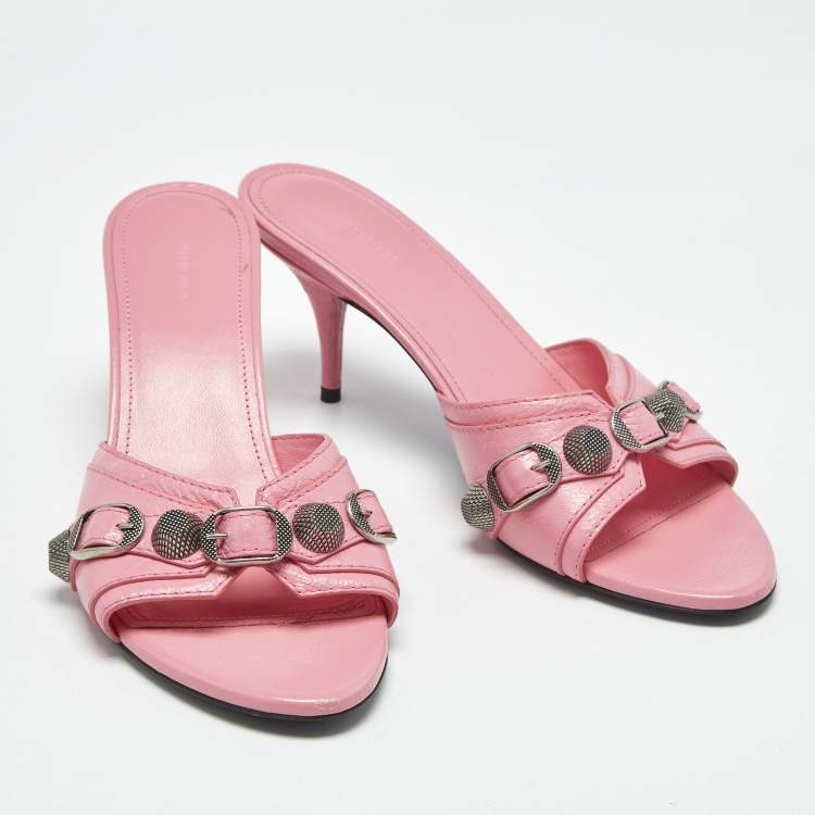 Pre Owned Balenciaga Pink Leather Le Cagole Studded Slide Sandals Size 38
