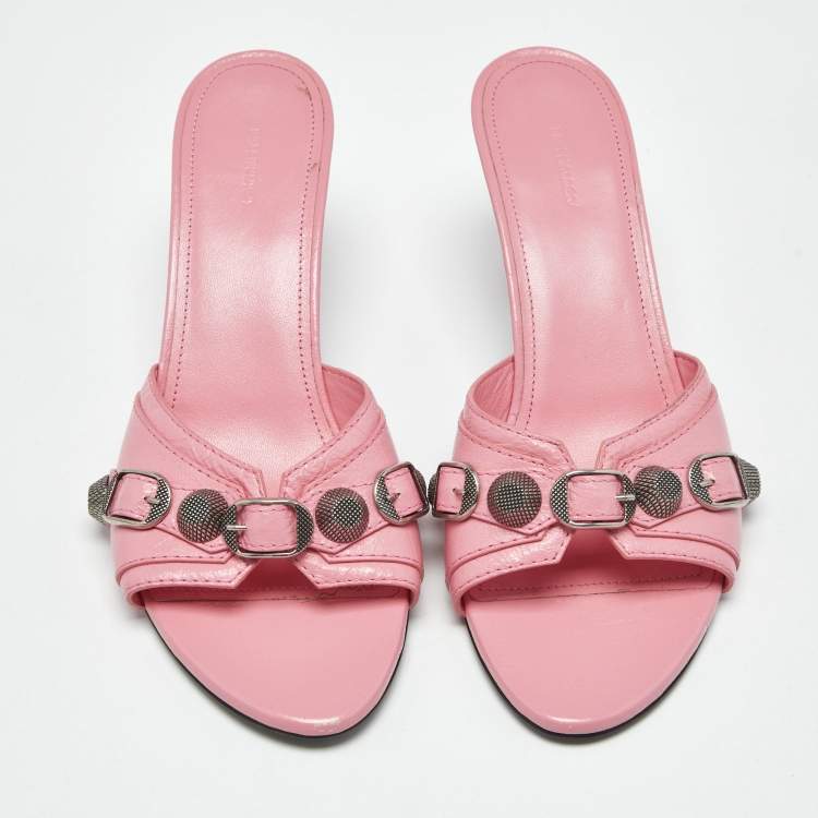 Pre Owned Balenciaga Pink Leather Le Cagole Studded Slide Sandals Size 38