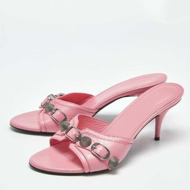 Pre Owned Balenciaga Pink Leather Le Cagole Studded Slide Sandals Size 38