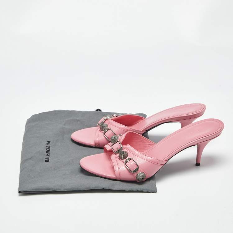 Pre Owned Balenciaga Pink Leather Le Cagole Studded Slide Sandals Size 38