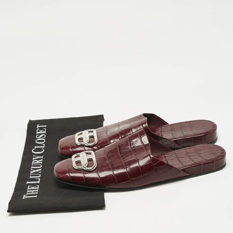 Pre Owned Balenciaga Burgundy Croc Embossed Leather Cosy BB Flat Sandals Size 40