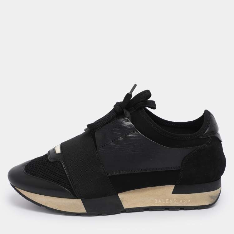 Pre Owned Balenciaga Black Leather and Mesh Race Runner Low Top Sneakers Size 37