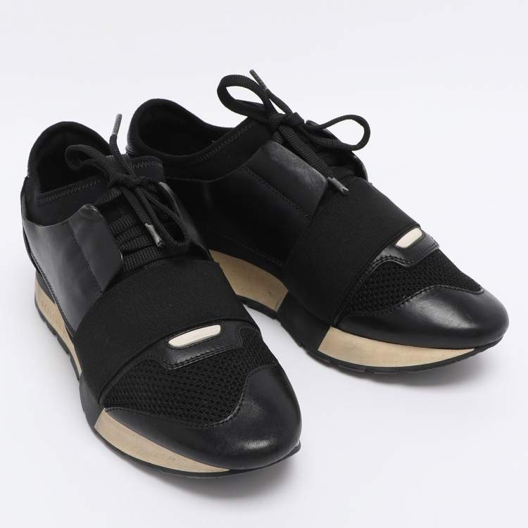 Pre Owned Balenciaga Black Leather and Mesh Race Runner Low Top Sneakers Size 37