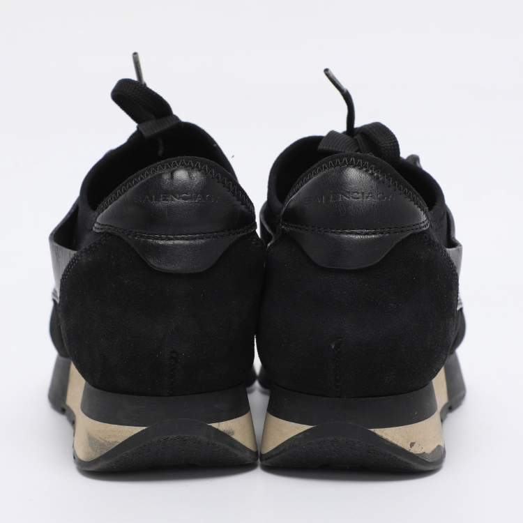 Pre Owned Balenciaga Black Leather and Mesh Race Runner Low Top Sneakers Size 37