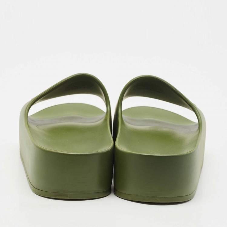Pre Owned Balenciaga Dark Green Rubber Chunky Logo Pool Slides Size 38
