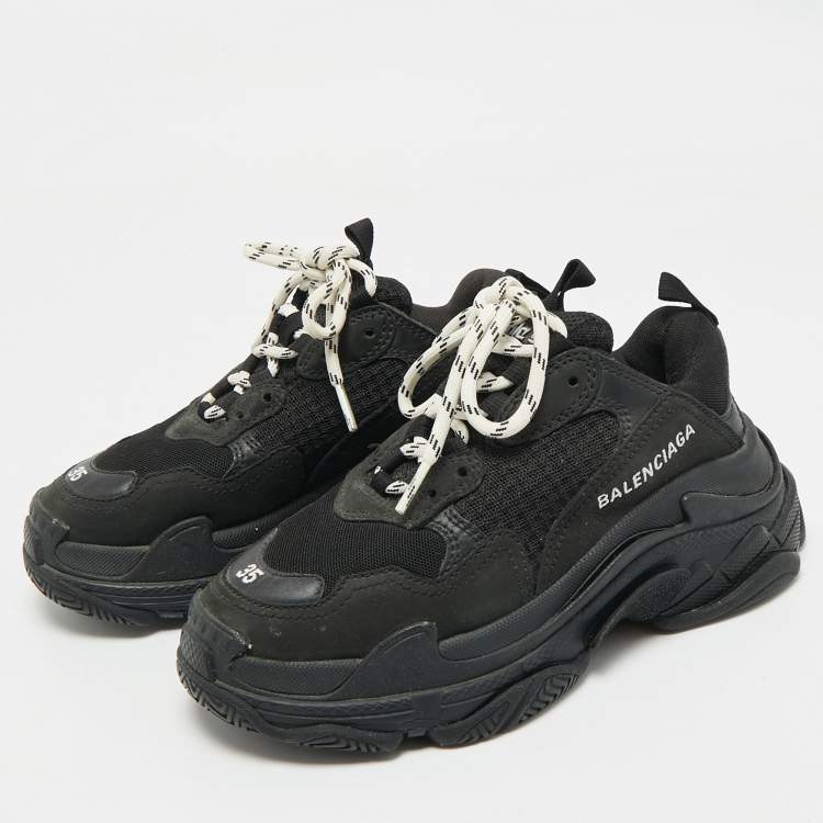 Pre Owned Balenciaga Black Leather and Mesh Triple S Sneakers Size 35