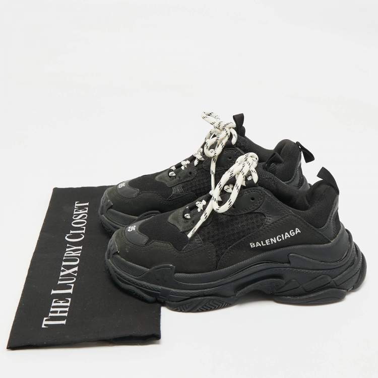 Pre Owned Balenciaga Black Leather and Mesh Triple S Sneakers Size 35