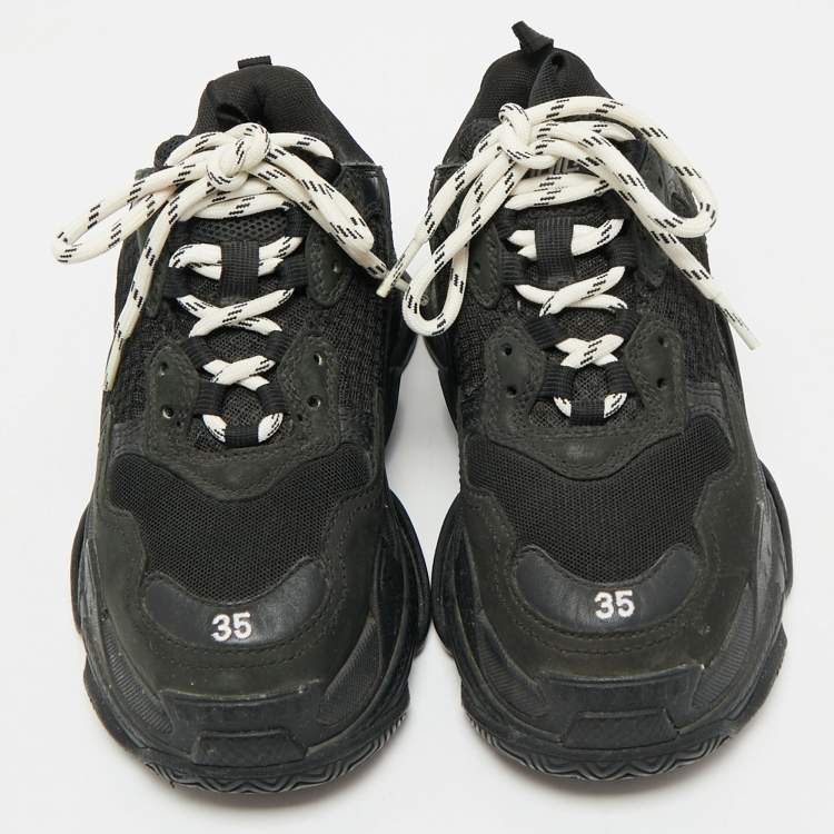 Pre Owned Balenciaga Black Leather and Mesh Triple S Sneakers Size 35