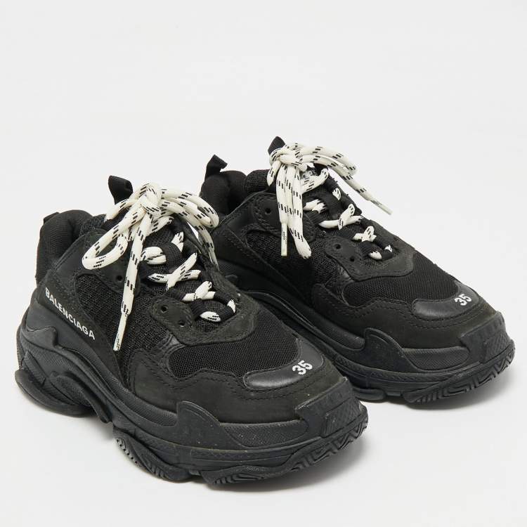 Pre Owned Balenciaga Black Leather and Mesh Triple S Sneakers Size 35