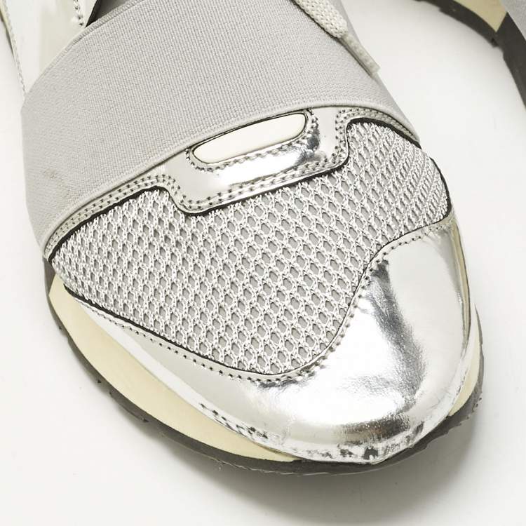 Pre Owned Balenciaga Grey/Silver Mesh And Leather Race Runner Sneakers Size 41