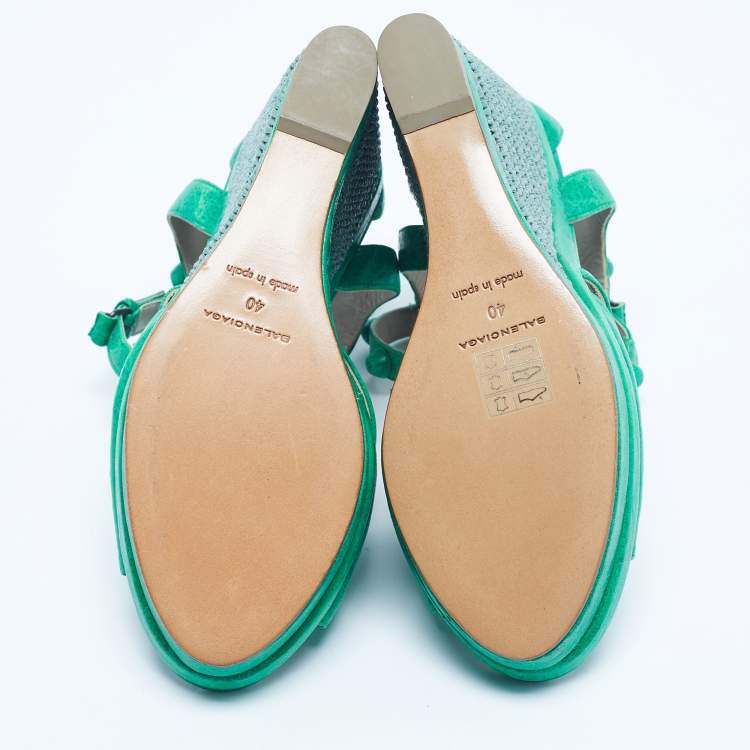 Pre Owned Balenciaga Green Leather Studded Wedge Sandals Size 40