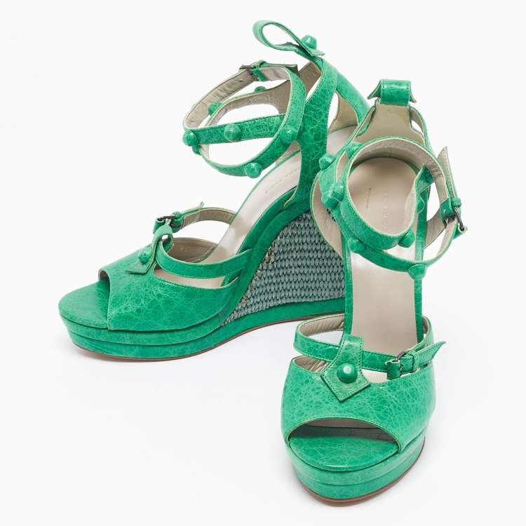 Pre Owned Balenciaga Green Leather Studded Wedge Sandals Size 40