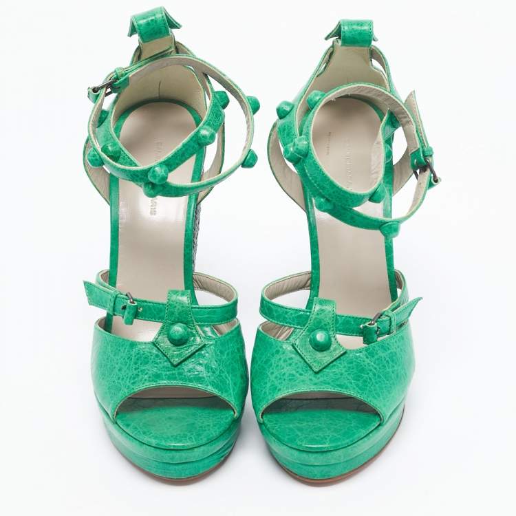 Pre Owned Balenciaga Green Leather Studded Wedge Sandals Size 40