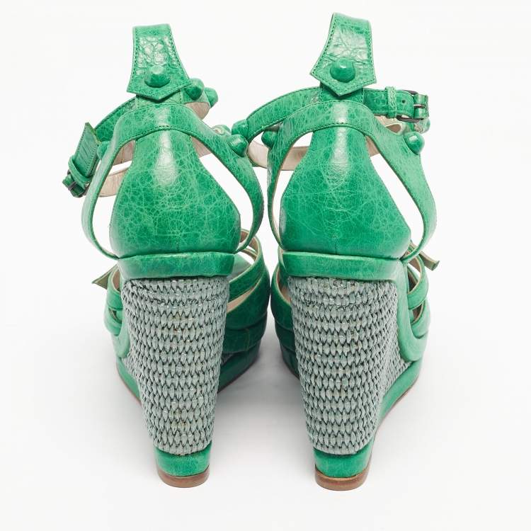 Pre Owned Balenciaga Green Leather Studded Wedge Sandals Size 40