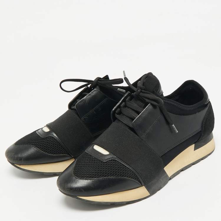 Pre Owned Balenciaga Black Leather and Mesh Race Runner Sneakers Size 38