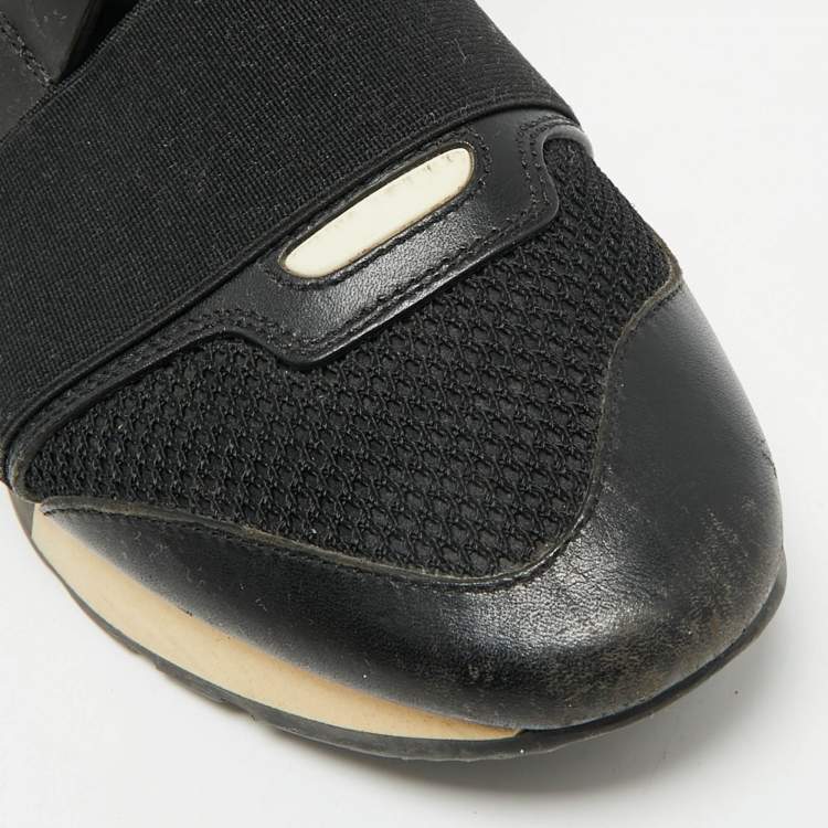 Pre Owned Balenciaga Black Leather and Mesh Race Runner Sneakers Size 38