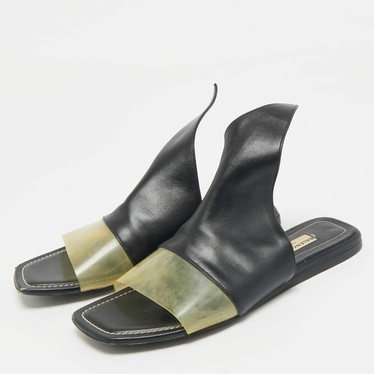 Pre Owned Balenciaga Brown/Transparent PVC and  Leather Slide Sandals Size 38
