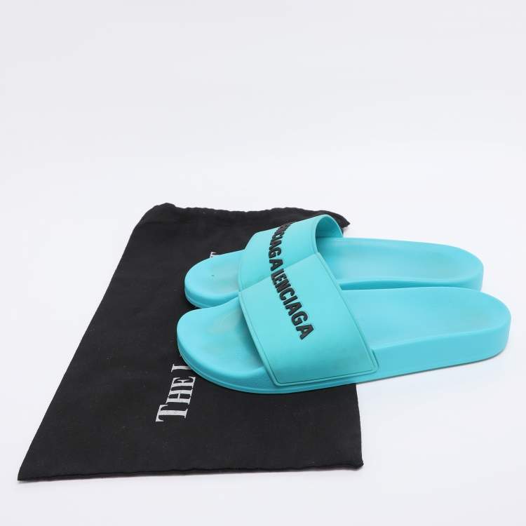 Pre Owned Balenciaga Blue Rubber Logo Pool Slides Size 40