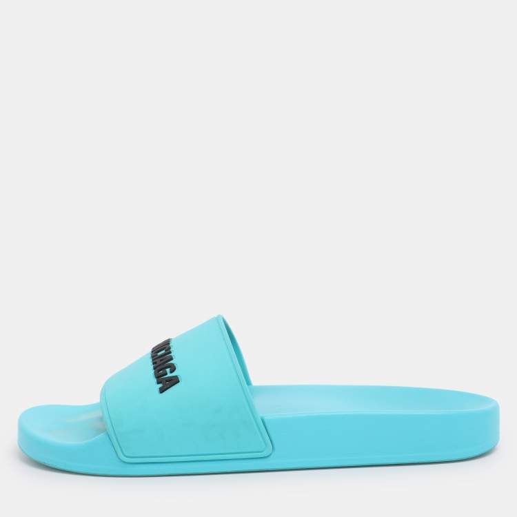 Pre Owned Balenciaga Blue Rubber Logo Pool Slides Size 40