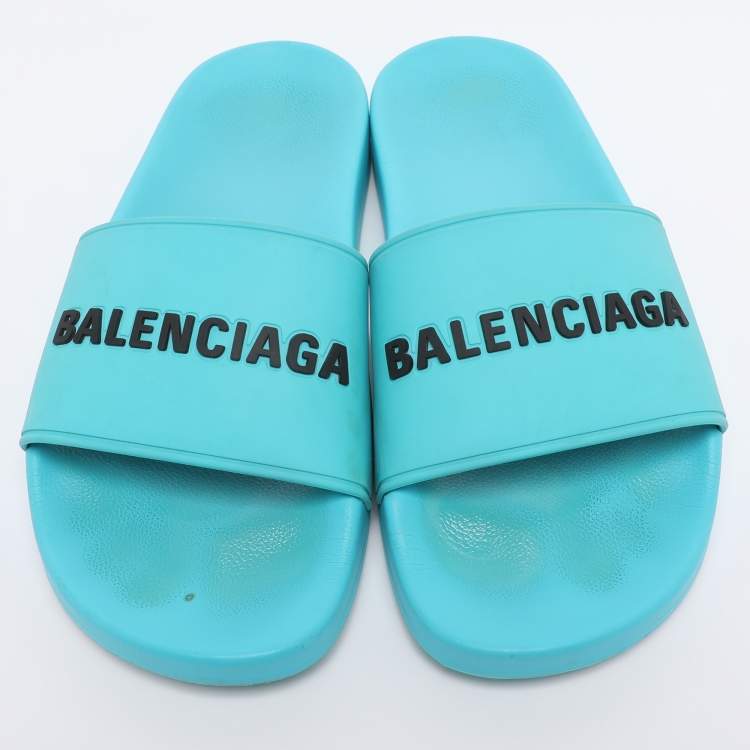 Pre Owned Balenciaga Blue Rubber Logo Pool Slides Size 40