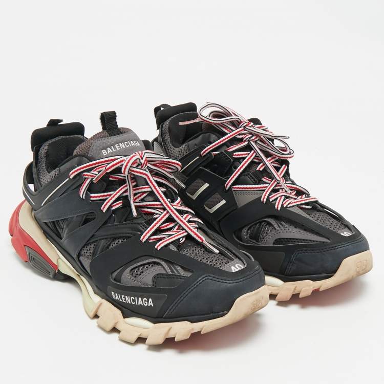 Pre Owned Balenciaga Black/Grey Faux Leather and Mesh Track Sneakers Size 40