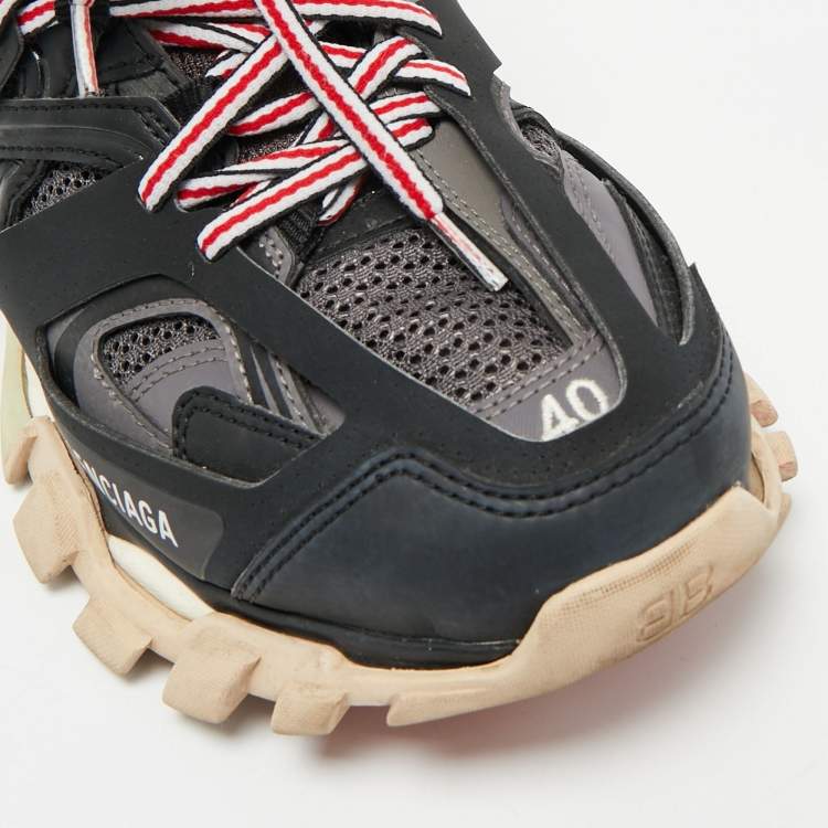 Pre Owned Balenciaga Black/Grey Faux Leather and Mesh Track Sneakers Size 40