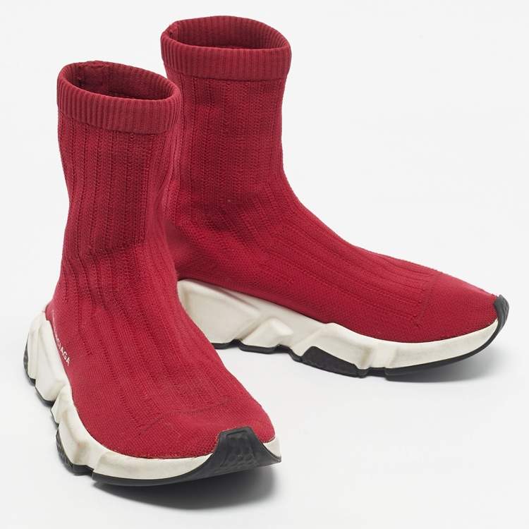 Pre Owned Balenciaga Red Knit Fabric Speed Trainer High Top Sneakers Size 39