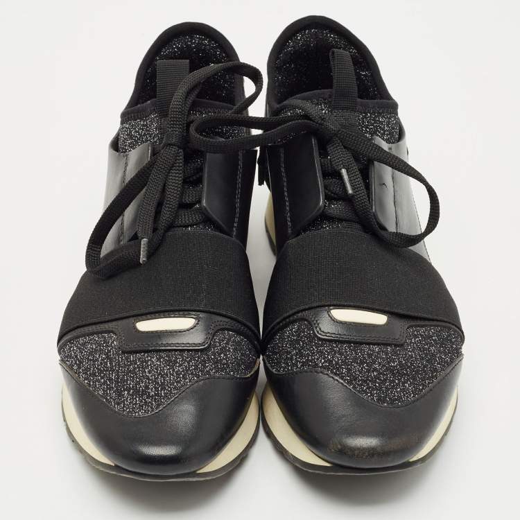 Pre Owned Balenciaga Black/Silver Fabric and Leather Race Runner Lace Up Sneakers Size 38