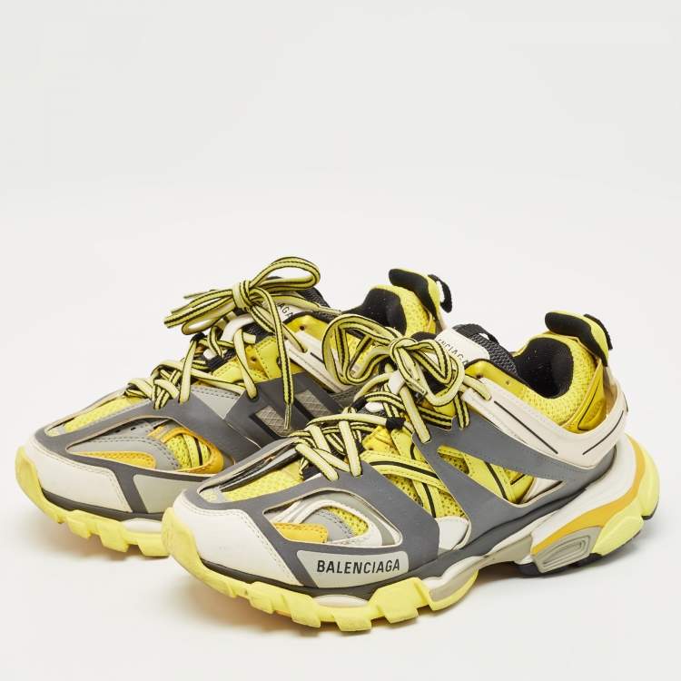 Pre Owned Balenciaga  Yellow/Grey Faux Leather and Mesh Track Low Top Sneakers Size 38