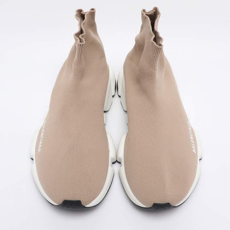 Pre Owned Balenciaga Light Brown Knit Fabric Speed Trainer Sneakers Size 39